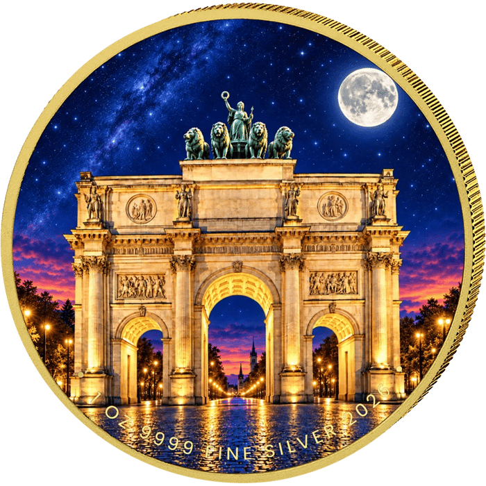 Coloured silver piece: the gate with three arches and four columns