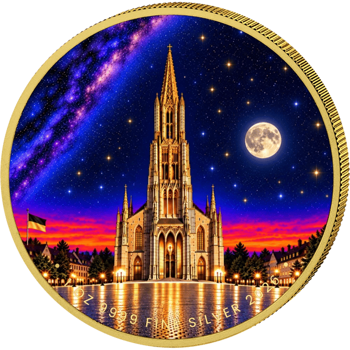 Coloured silver piece: the main tower between two lower towers