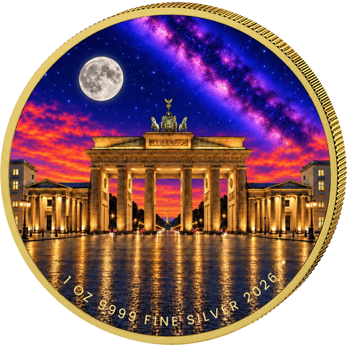 Coloured silver piece: the gate from the front with its columns and passages