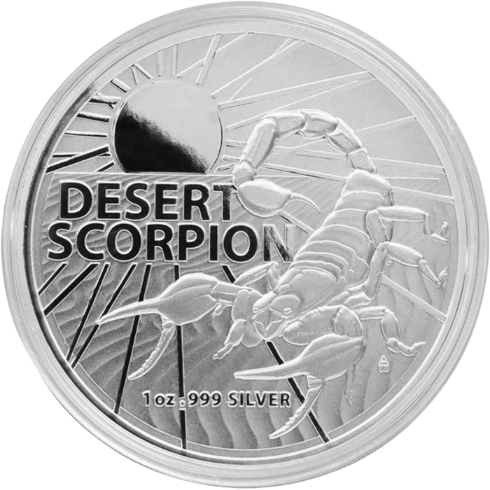Scorpion coin in silver, picture side: a scorpion in front of a sun with rays