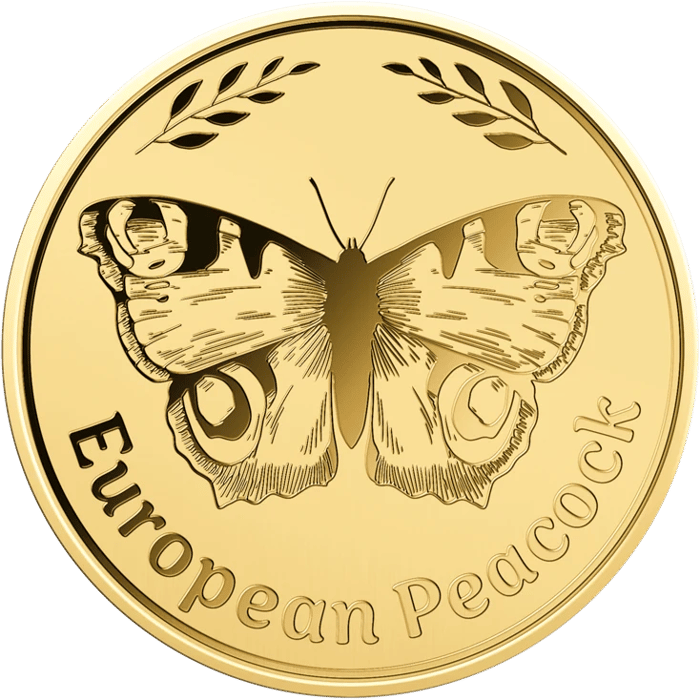 Peacock Butterfly coin in gold, picture side: a peacock butterfly with its wings open and four eyespots, lettering “European Peacock”
