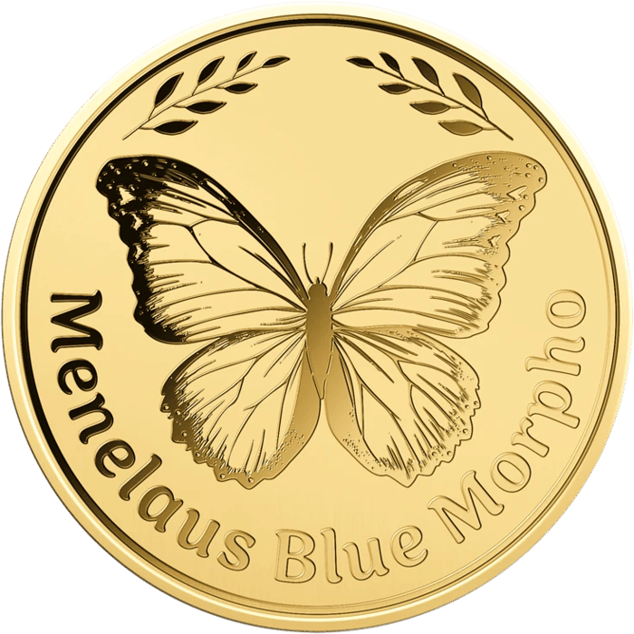 Blue Morpho coin in gold, picture side: a morpho butterfly with its wings wide open, lettering “Menelaus Blue Morpho”