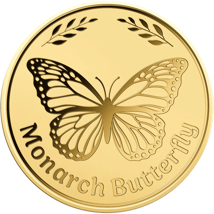 Monarch coin in gold, picture side: a monarch butterfly with its wings spread and a fine network of veins, lettering “Monarch Butterfly”