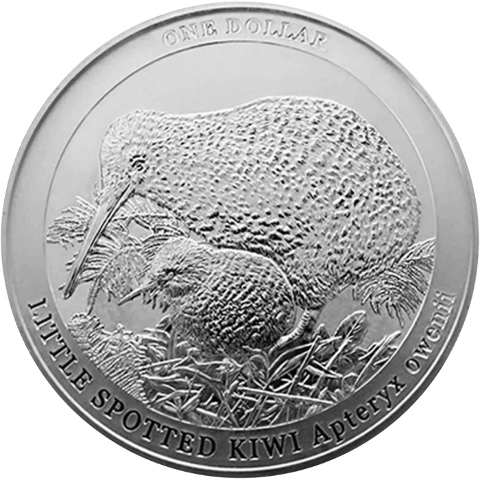 Silver coin: a little spotted kiwi, a chick in front of it and grasses at the edge