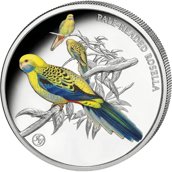 Pale-headed Rosella coin in silver, picture side: a pale-headed rosella in colour on a twig, head and breast yellow, wings and tail blue