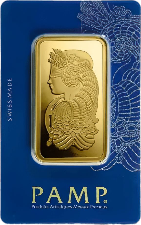 100 g gold bar · in its card, front