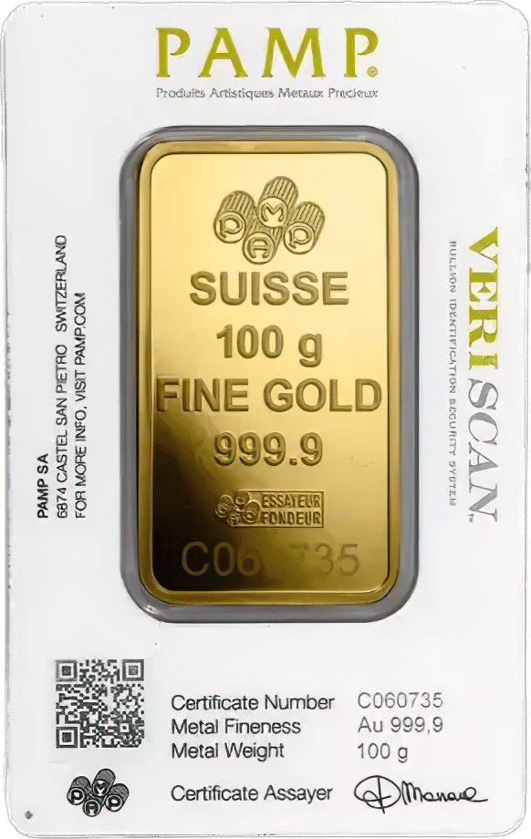 100 g gold bar · Card, back with certificate
