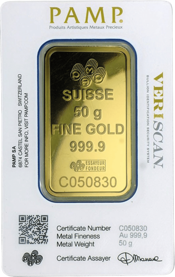 50 g gold bar · Card, back with certificate