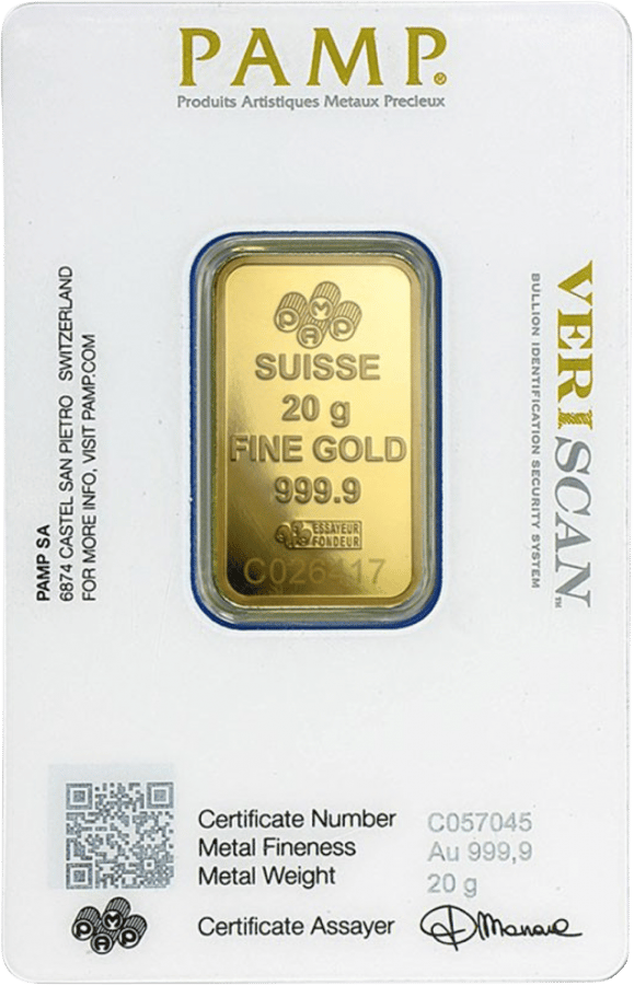 Goldbarren 20 g · Karte, Rückseite mit Zertifikat