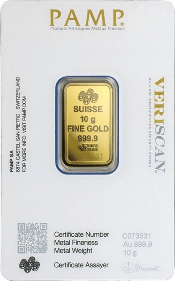 Goldbarren 10 g · Karte, Rückseite mit Zertifikat