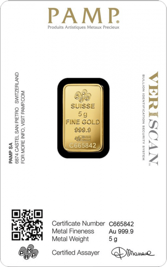 Goldbarren 5 g · Karte, Rückseite mit Zertifikat