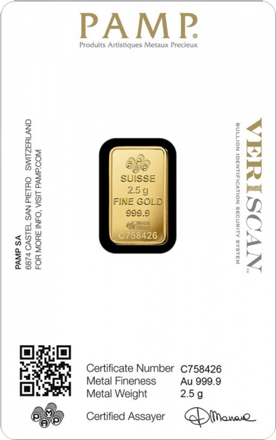 Goldbarren 2,5 g · Karte, Rückseite mit Zertifikat