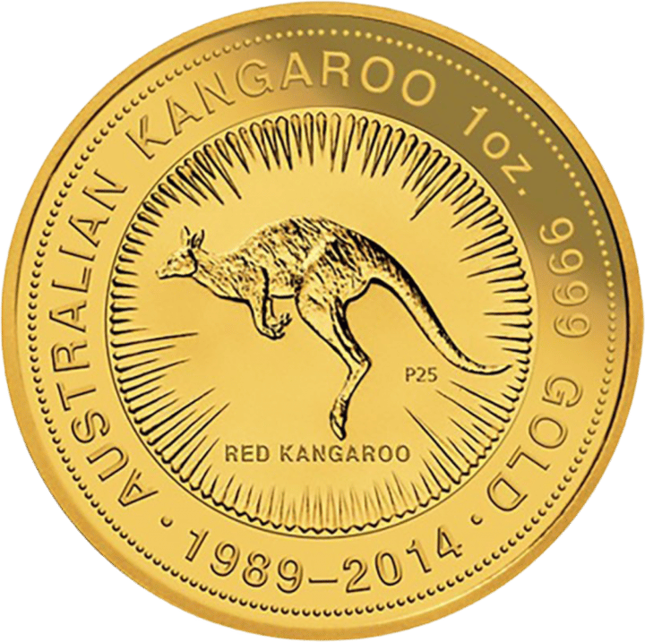 Imagen de la cara del canguro: un canguro saltando en una corona de rayos, con P25, RED KANGAROO y los años 1989 a 2014, la leyenda AUSTRALIAN KANGAROO