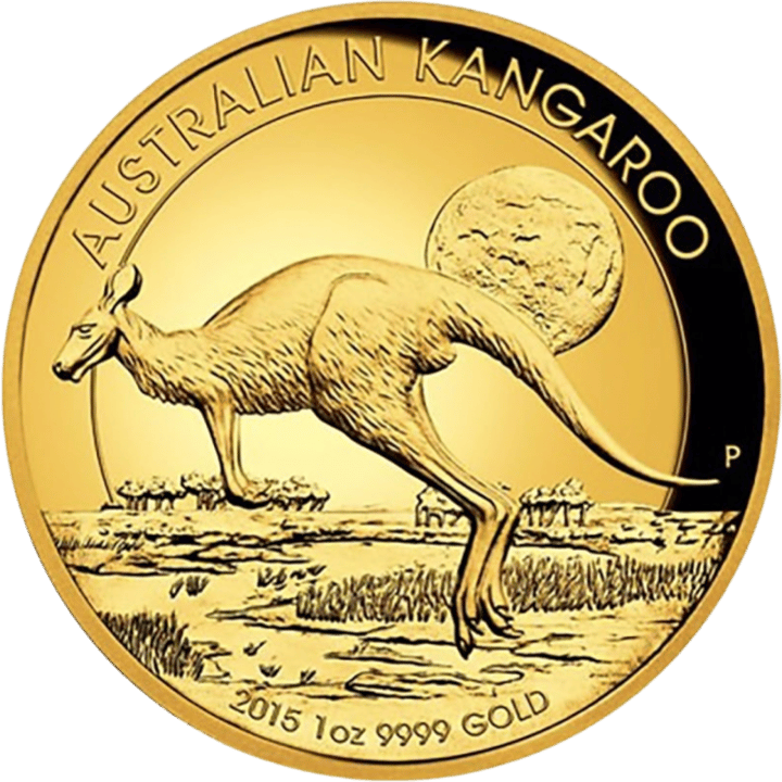 Abbildung der Känguruseite: ein Känguru springt nach links durch die Landschaft, dahinter der Mond und Bäume, oben AUSTRALIAN KANGAROO