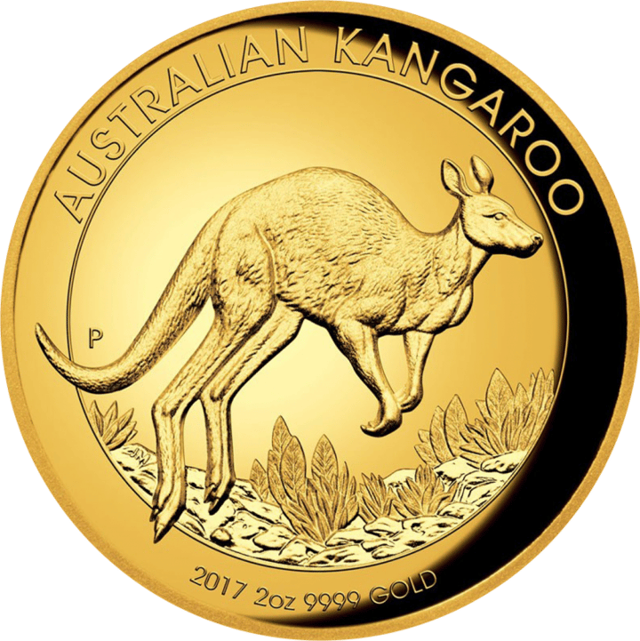 Abbildung der Känguruseite: ein Känguru im Sprung nach rechts über Felsen und Gräser, oben AUSTRALIAN KANGAROO