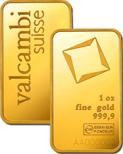 Dos lingotes de oro acuñados de Valcambi: a la izquierda el reverso con valcambi suisse, a la derecha el anverso con el rombo, el peso, fine gold 999,9, la marca ESSAYEUR FONDEUR y el número de serie