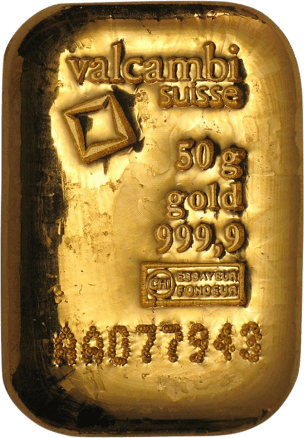 Cast gold bar with valcambi suisse, the diamond, the weight, gold 999,9, the ESSAYEUR FONDEUR mark and the serial number