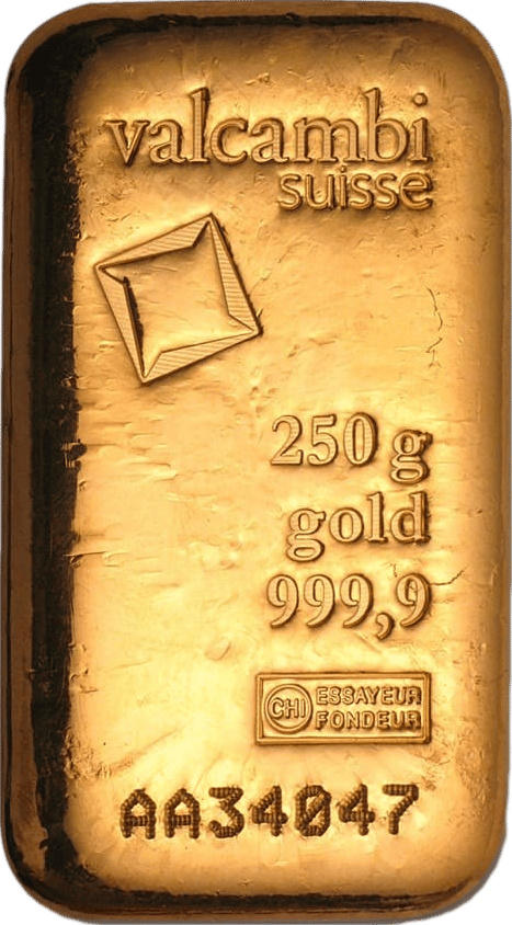 Cast gold bar with valcambi suisse, the diamond, the weight, gold 999,9, the ESSAYEUR FONDEUR mark and the serial number