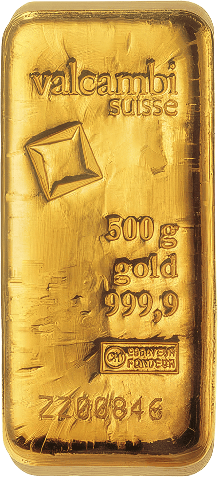 Gegossener Goldbarren mit valcambi suisse, der Raute, dem Gewicht, gold 999,9, dem Zeichen ESSAYEUR FONDEUR und der Seriennummer