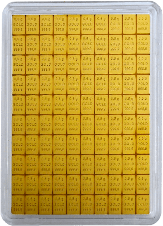 CombiBar de 100 lingotes de 0,5 gramos cada uno con la inscripción 0,5 g GOLD 999,9