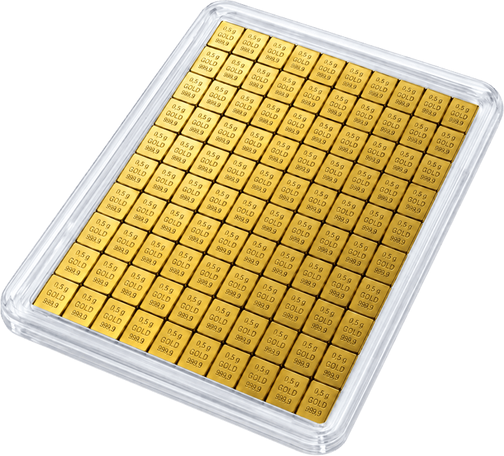 CombiBar de 100 lingotes de 0,5 gramos cada uno con la inscripción 0,5 g GOLD 999,9