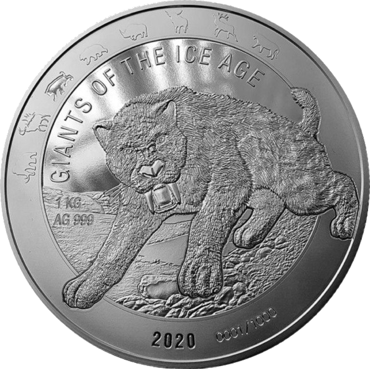 Säbelzahnkatze auf 1 kg Silber, Bildseite, Abbildung
