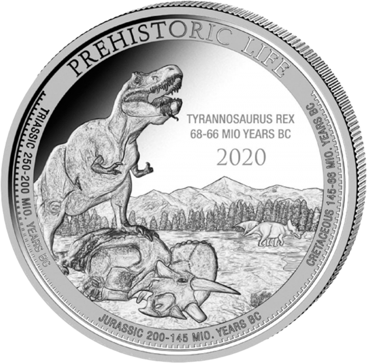 Tyrannosaurus rex auf 1 Unze Silber, Bildseite, Abbildung