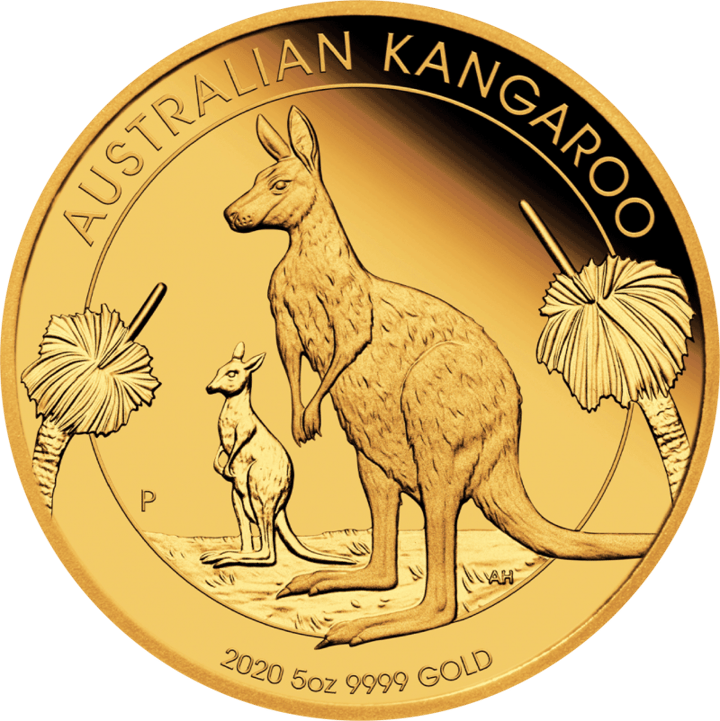 Abbildung der Känguruseite: ein stehendes Känguru, daneben ein junges, links und rechts Pflanzen mit fächerförmigen Blättern, oben AUSTRALIAN KANGAROO