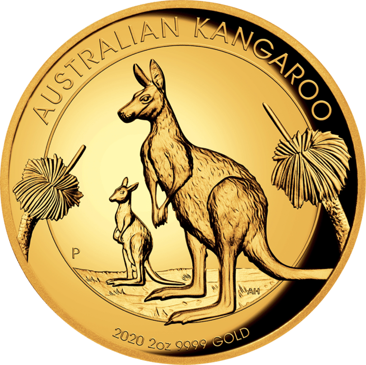 Abbildung der Känguruseite: ein stehendes Känguru, daneben ein junges, links und rechts Pflanzen mit fächerförmigen Blättern, oben AUSTRALIAN KANGAROO