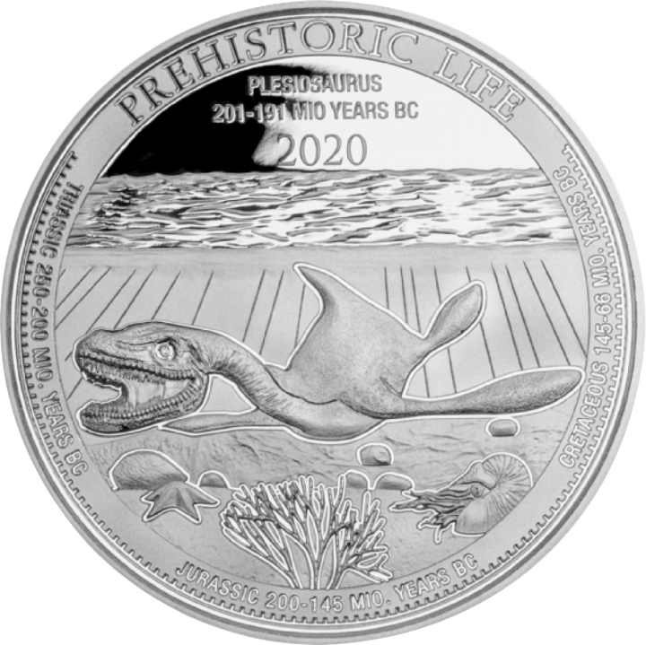Plesiosaurus auf 1 Unze Silber, Bildseite, Abbildung