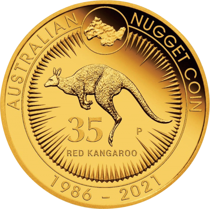 Abbildung der Känguruseite: ein springendes Känguru im Strahlenkranz, darüber ein Goldnugget, dazu 35, RED KANGAROO und die Jahre 1986 bis 2021, Umschrift AUSTRALIAN NUGGET COIN