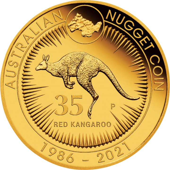 Abbildung der Känguruseite: ein springendes Känguru im Strahlenkranz, darüber ein Goldnugget, dazu 35, RED KANGAROO und die Jahre 1986 bis 2021, Umschrift AUSTRALIAN NUGGET COIN