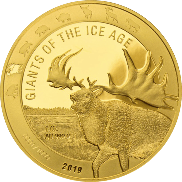 Riesenhirsch auf 1 Unze Gold, Bildseite, Abbildung