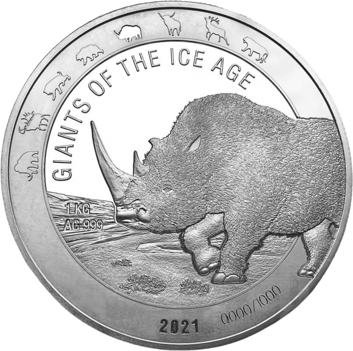 Wollnashorn auf 1 kg Silber, Bildseite, Abbildung