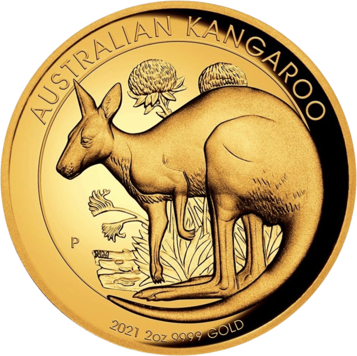 Abbildung der Känguruseite: ein Känguru, nach vorn gebeugt, dahinter Blüten und Blattwerk, oben AUSTRALIAN KANGAROO