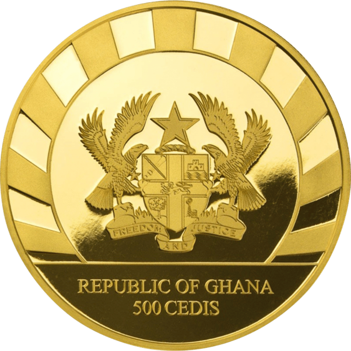 1 onza de oro, anverso con el país emisor Ghana, imagen