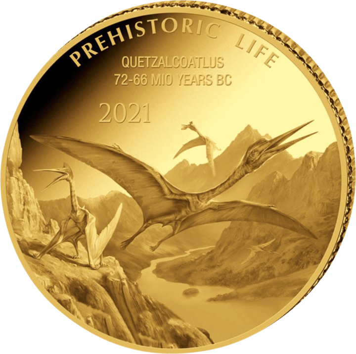 Quetzalcoatlus auf 0,5 g Gold, Bildseite, Abbildung