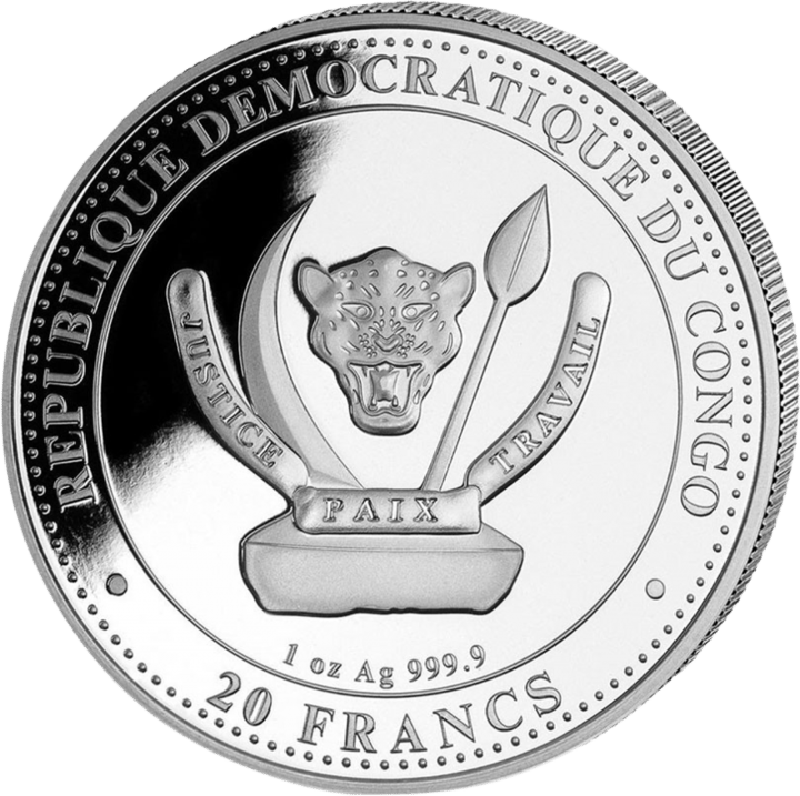 1 onza de plata, anverso con el país emisor República Democrática del Congo, imagen