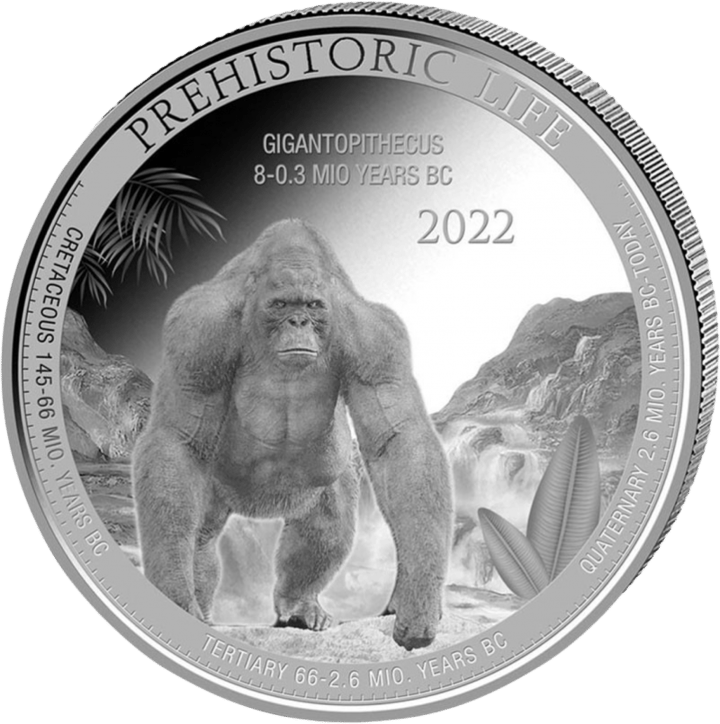 Gigantopithecus en 1 onza de plata, reverso, imagen