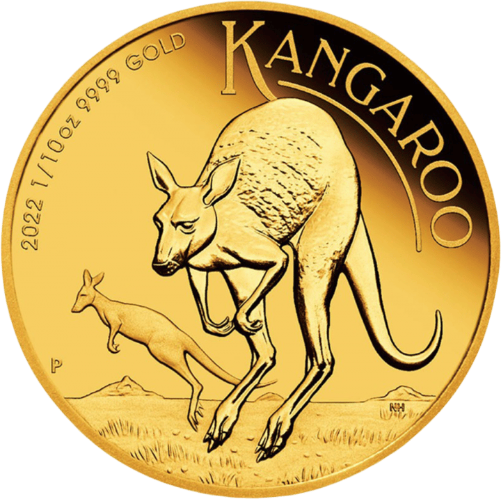 Image of the kangaroo side: a large kangaroo leaping diagonally forward, a young one leaping along at the bottom left, hills behind, a P on the left
