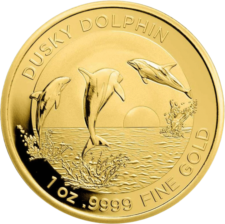 Schwarzdelfin auf 1 Unze Gold, Bildseite, Abbildung