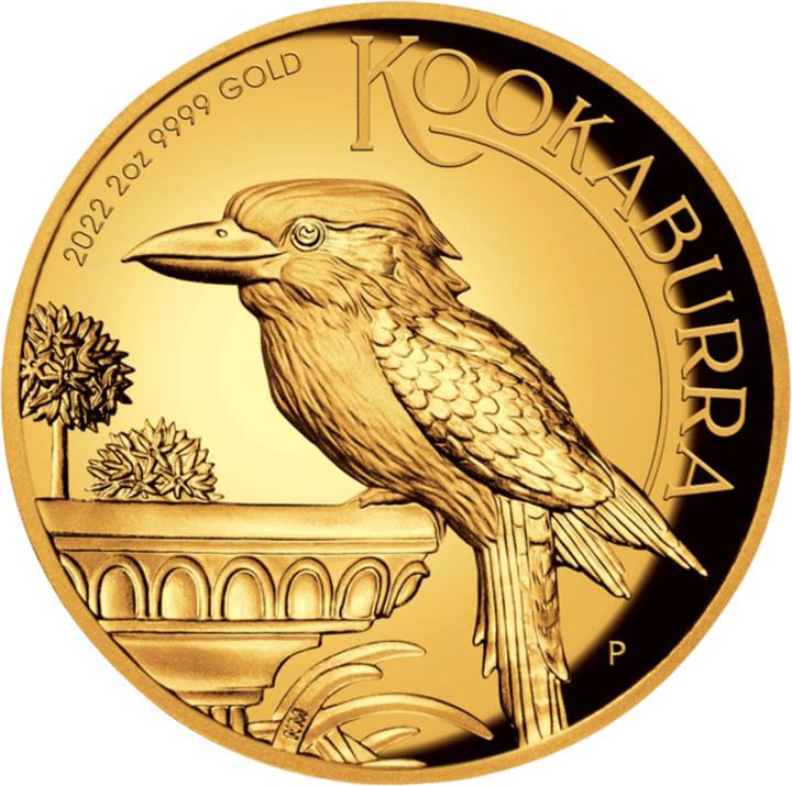 Kookaburra 2022, 2 onzas de oro, cara con la cucaburra, imagen