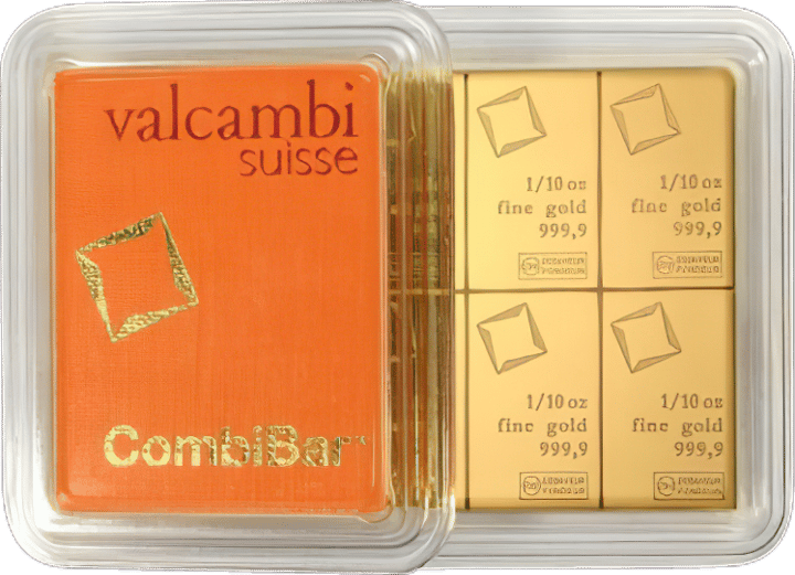 CombiBar aus zehn Barren zu je 1/10 Unze, zum großen Teil verdeckt von der orangen Karte mit valcambi suisse und dem Schriftzug CombiBar
