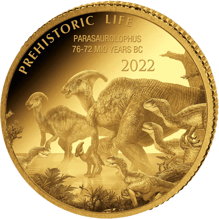 Parasaurolophus auf 0,5 g Gold, Bildseite, Abbildung