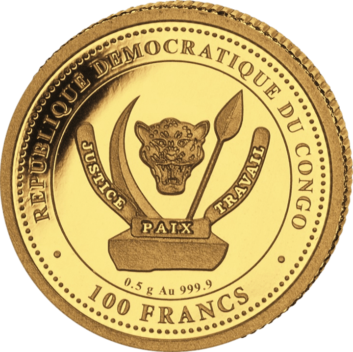 0,5 g de oro, anverso con el país emisor República Democrática del Congo, imagen