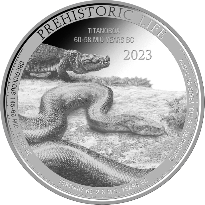 Titanoboa en 1 onza de plata, reverso, imagen