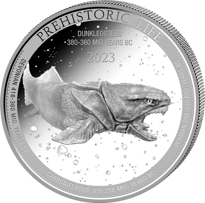 Dunkleosteus auf 1 Unze Silber, Bildseite, Abbildung