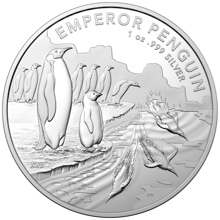 Emperor penguin on 1 ounce of silver, reverse, image