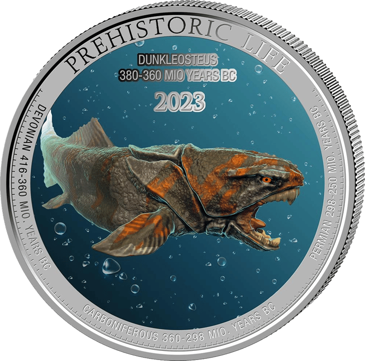 Dunkleosteus auf 1 Unze Silber, Bildseite, Abbildung