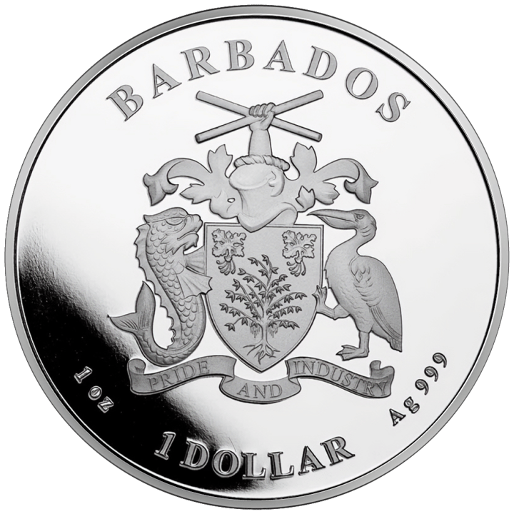 1 onza de plata, anverso con el país emisor Barbados, imagen